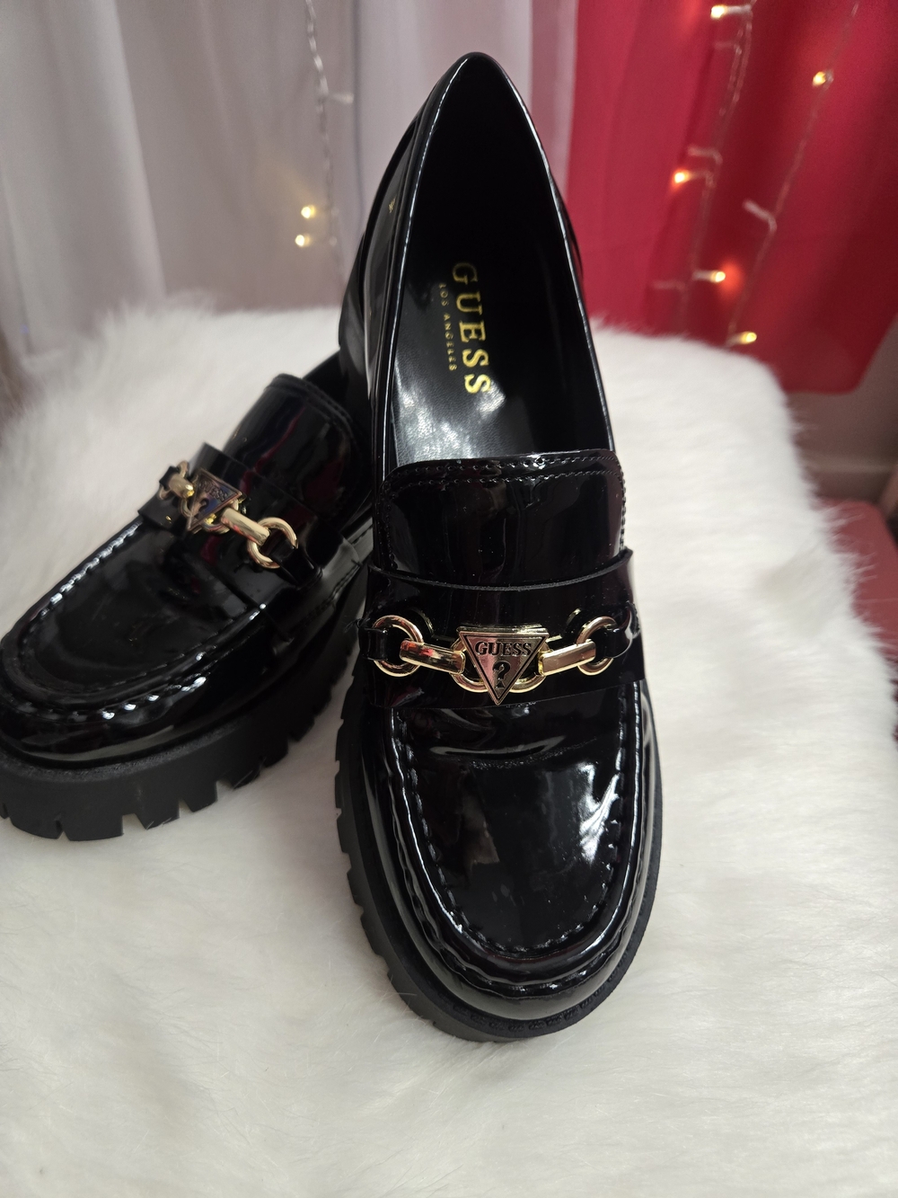 GUESS Women's Black Patent Leather Chain Detail Loafers